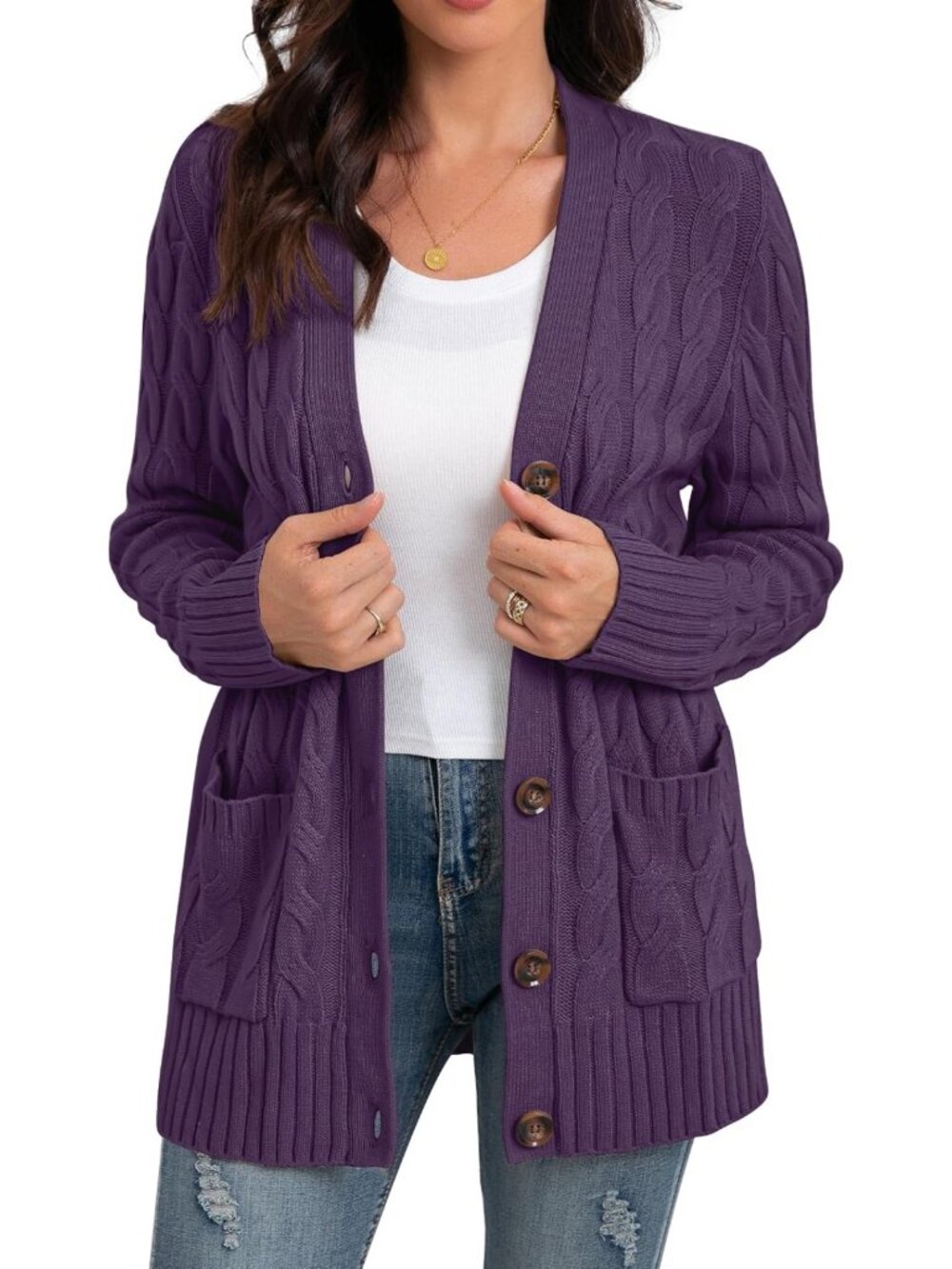 Cozy Long Sleeve Cable Knit Cardigan Sweater with Pockets for Women